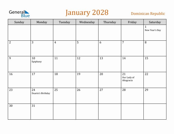 January 2028 Holiday Calendar with Sunday Start