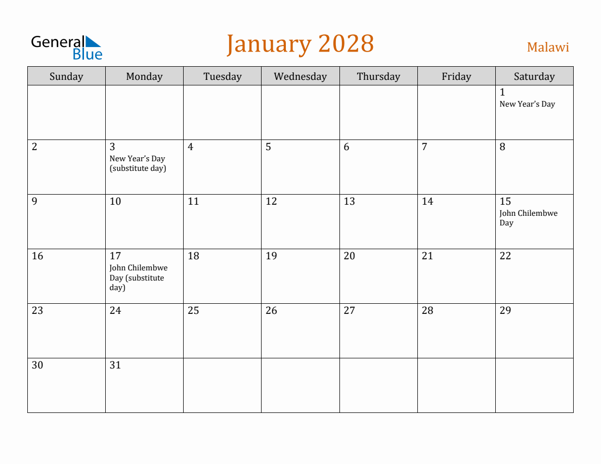 Free January 2028 Malawi Calendar