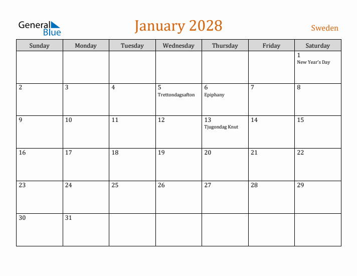 January 2028 Holiday Calendar with Sunday Start