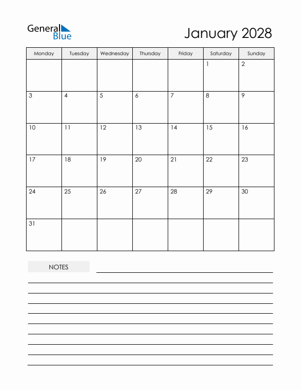 Printable Calendar with Notes - January 2028 