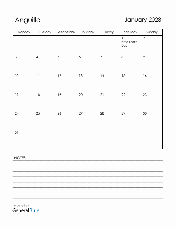January 2028 Anguilla Calendar with Holidays (Monday Start)