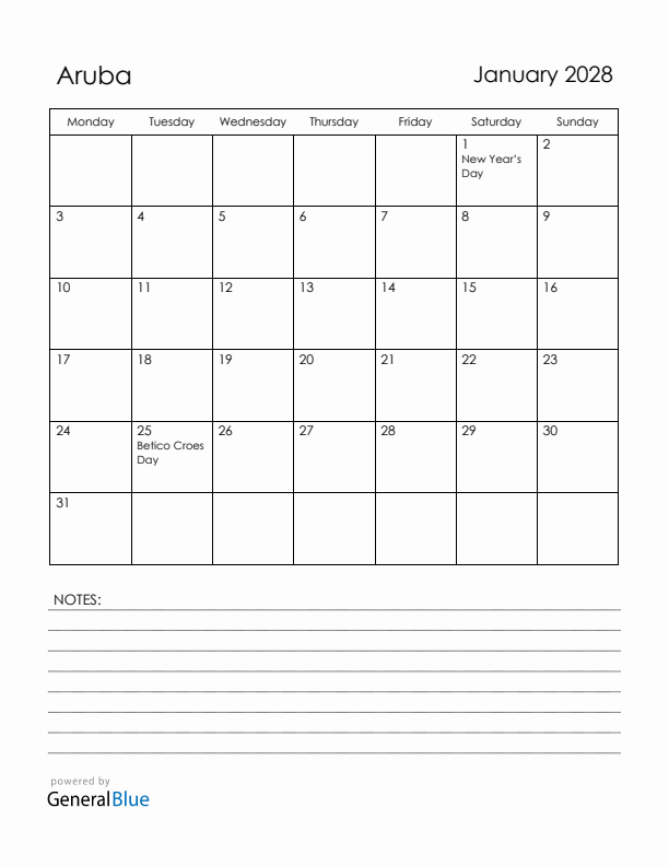 January 2028 Aruba Calendar with Holidays (Monday Start)