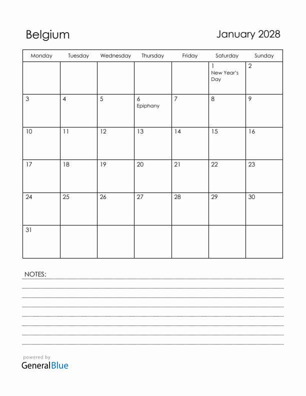 January 2028 Belgium Calendar with Holidays (Monday Start)