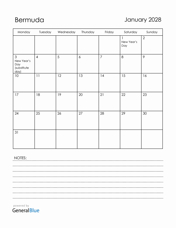 January 2028 Bermuda Calendar with Holidays (Monday Start)
