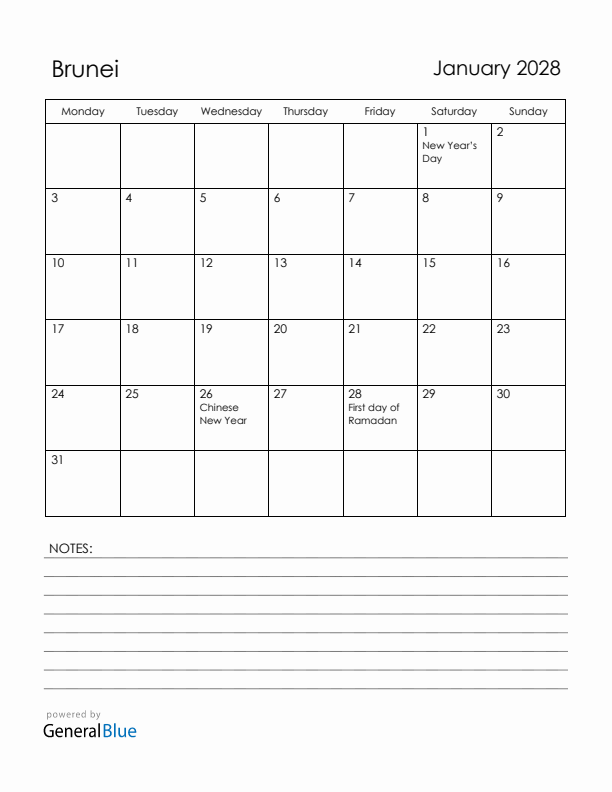 January 2028 Brunei Calendar with Holidays (Monday Start)