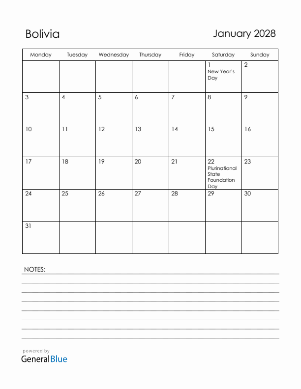 January 2028 Bolivia Calendar with Holidays (Monday Start)