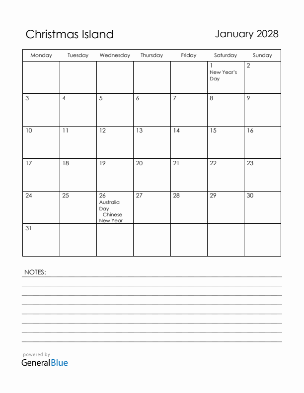 January 2028 Christmas Island Calendar with Holidays (Monday Start)