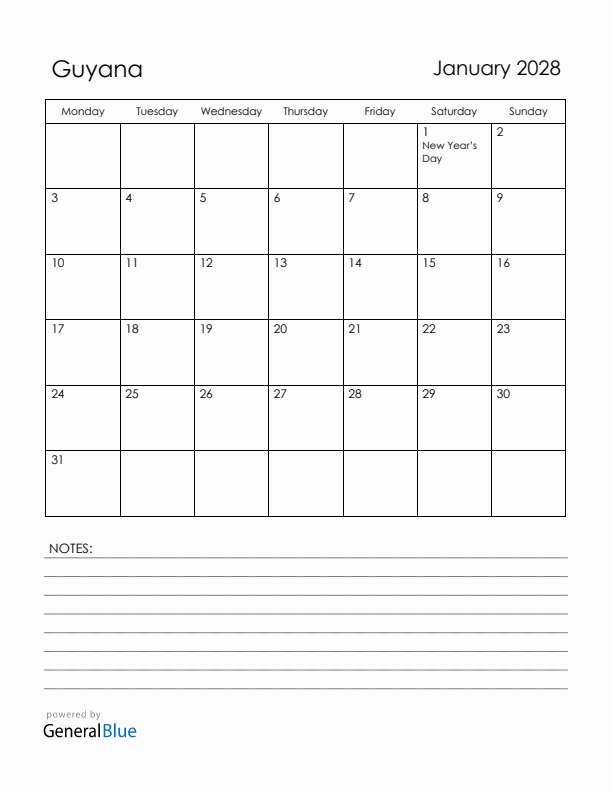 January 2028 Guyana Calendar with Holidays (Monday Start)