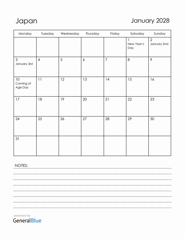 January 2028 Japan Calendar with Holidays (Monday Start)
