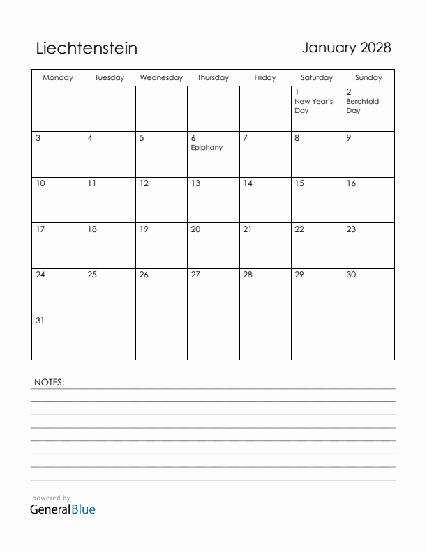 January 2028 Liechtenstein Calendar with Holidays (Monday Start)