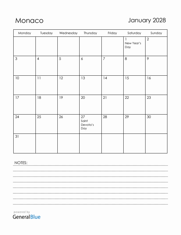 January 2028 Monaco Calendar with Holidays (Monday Start)
