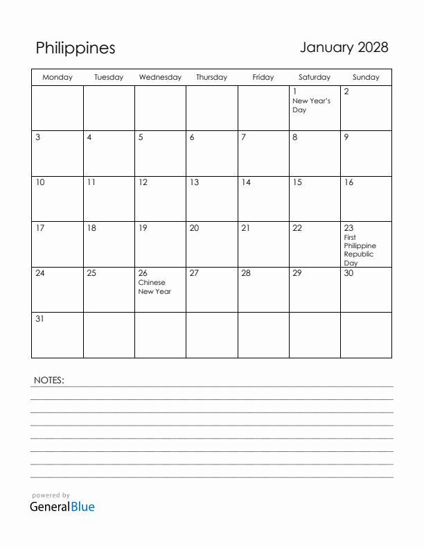 January 2028 Philippines Calendar with Holidays (Monday Start)