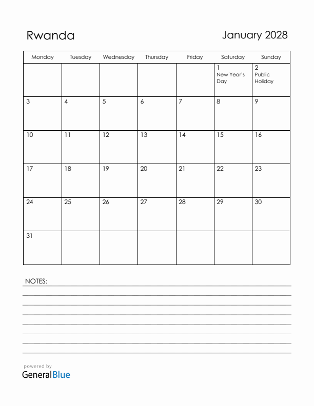 January 2028 Rwanda Calendar with Holidays (Monday Start)