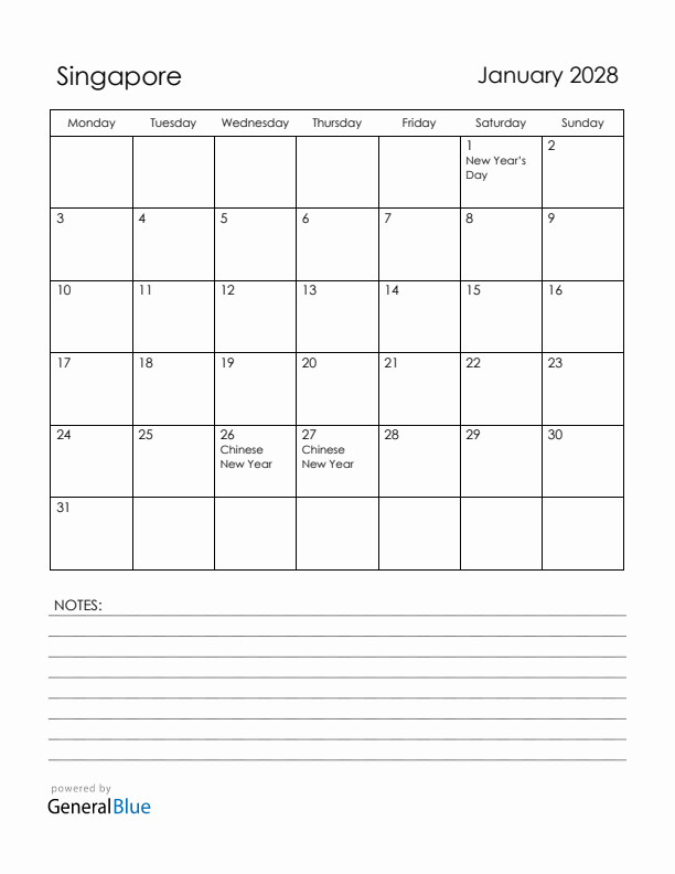 January 2028 Singapore Calendar with Holidays (Monday Start)