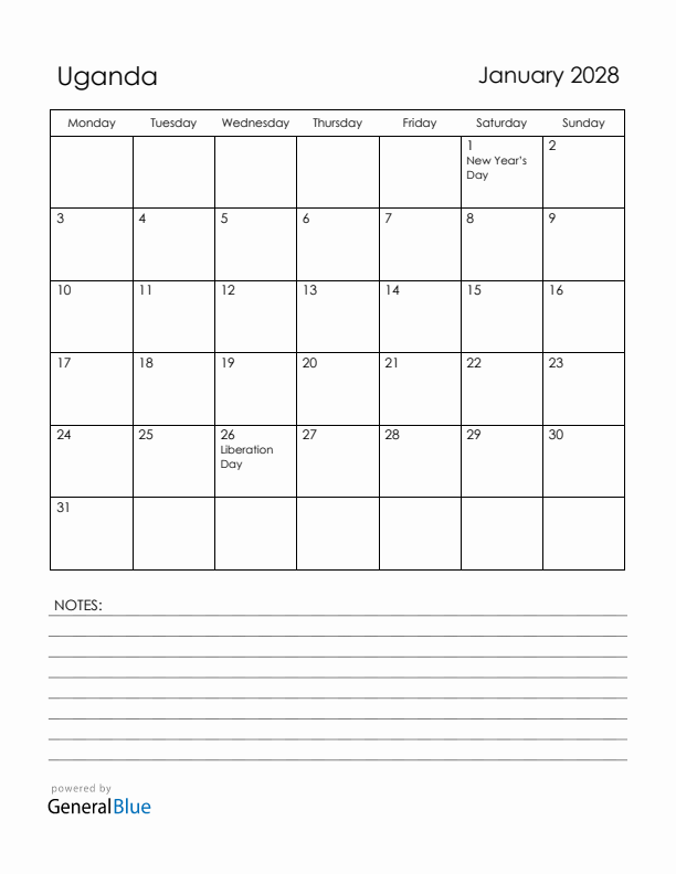 January 2028 Uganda Calendar with Holidays (Monday Start)