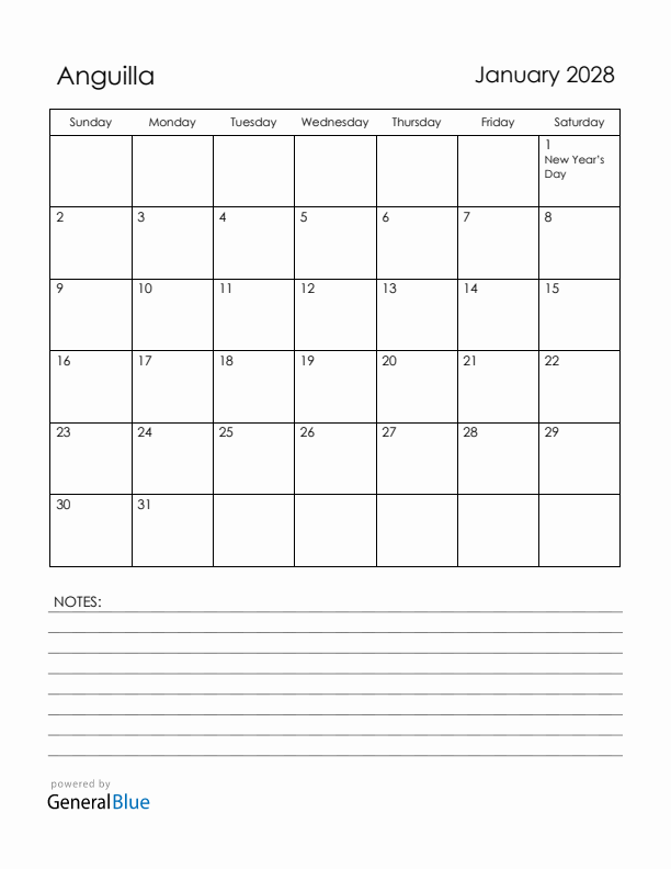 January 2028 Anguilla Calendar with Holidays (Sunday Start)