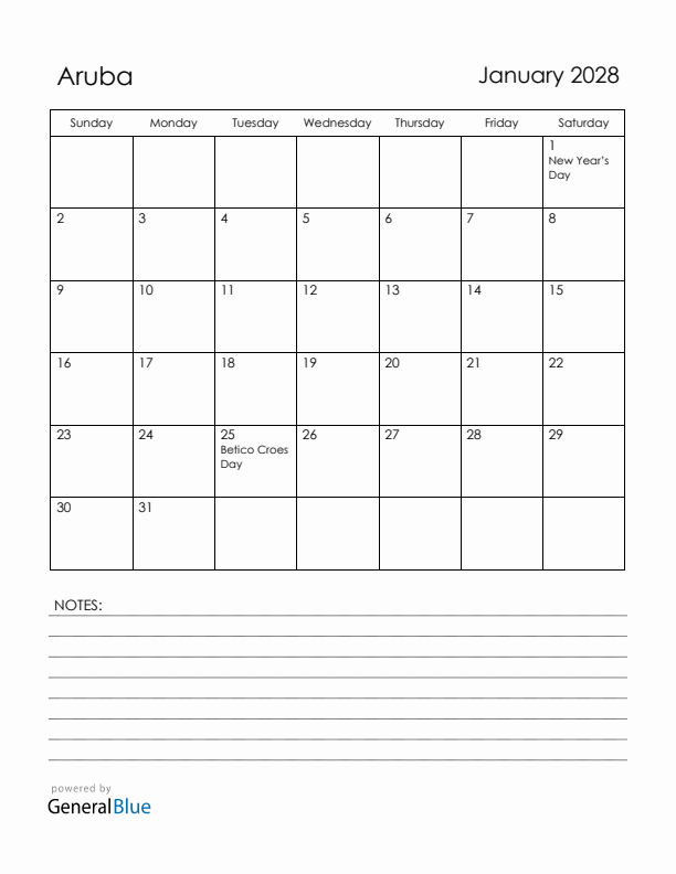 January 2028 Aruba Calendar with Holidays (Sunday Start)