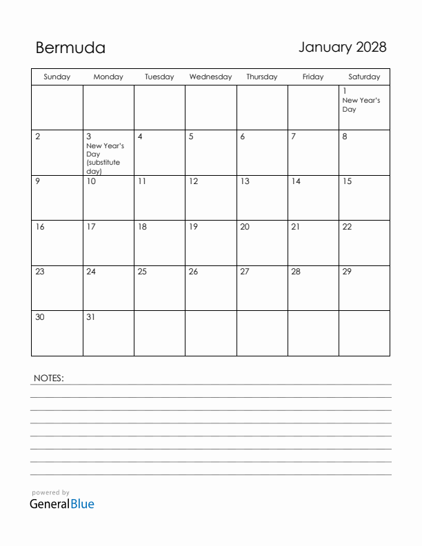 January 2028 Bermuda Calendar with Holidays (Sunday Start)