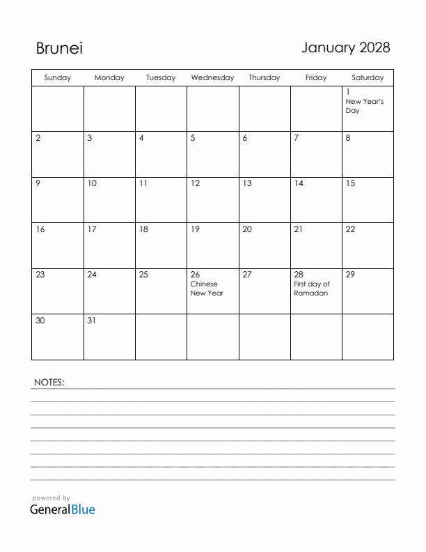 January 2028 Brunei Calendar with Holidays (Sunday Start)