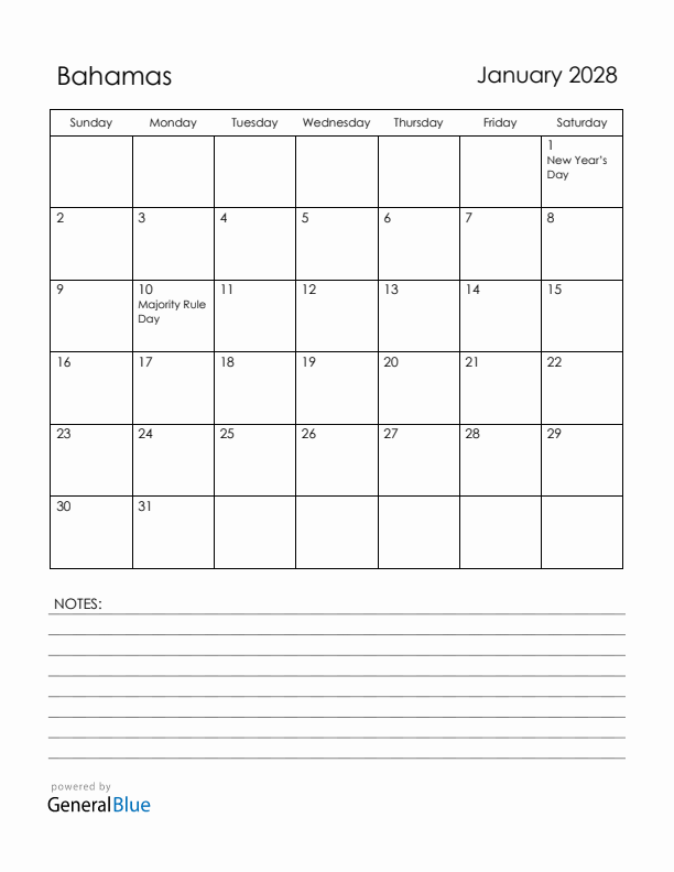 January 2028 Bahamas Calendar with Holidays (Sunday Start)