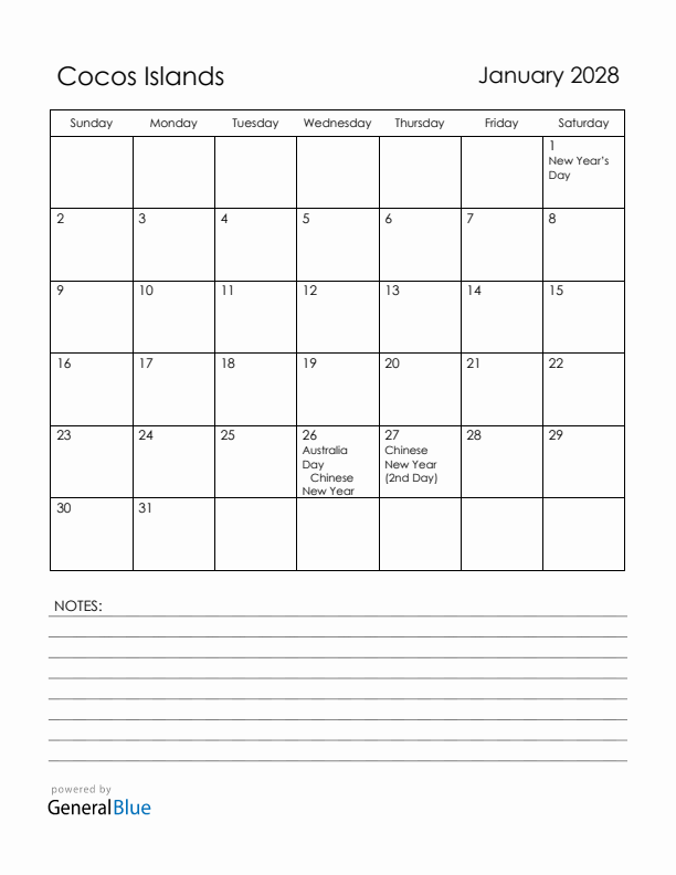 January 2028 Cocos Islands Calendar with Holidays (Sunday Start)