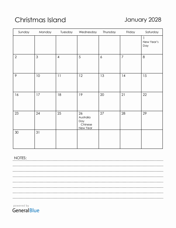 January 2028 Christmas Island Calendar with Holidays (Sunday Start)