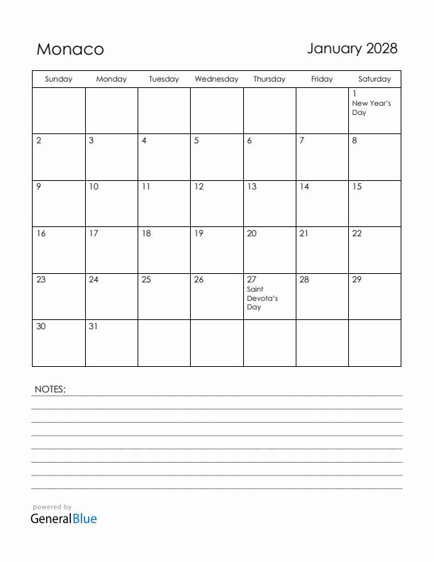 January 2028 Monaco Calendar with Holidays (Sunday Start)