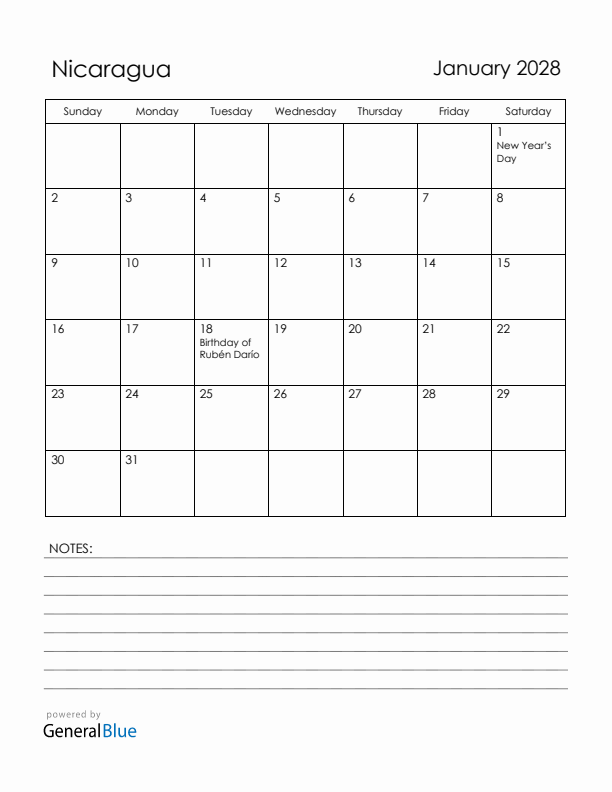 January 2028 Nicaragua Calendar with Holidays (Sunday Start)