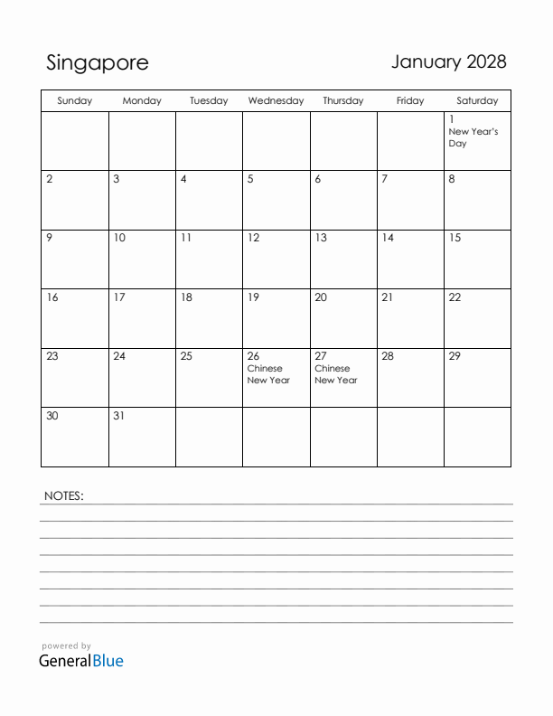 January 2028 Singapore Calendar with Holidays (Sunday Start)