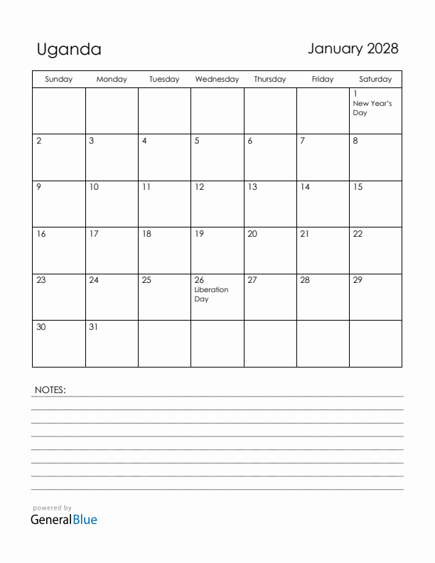 January 2028 Uganda Calendar with Holidays (Sunday Start)