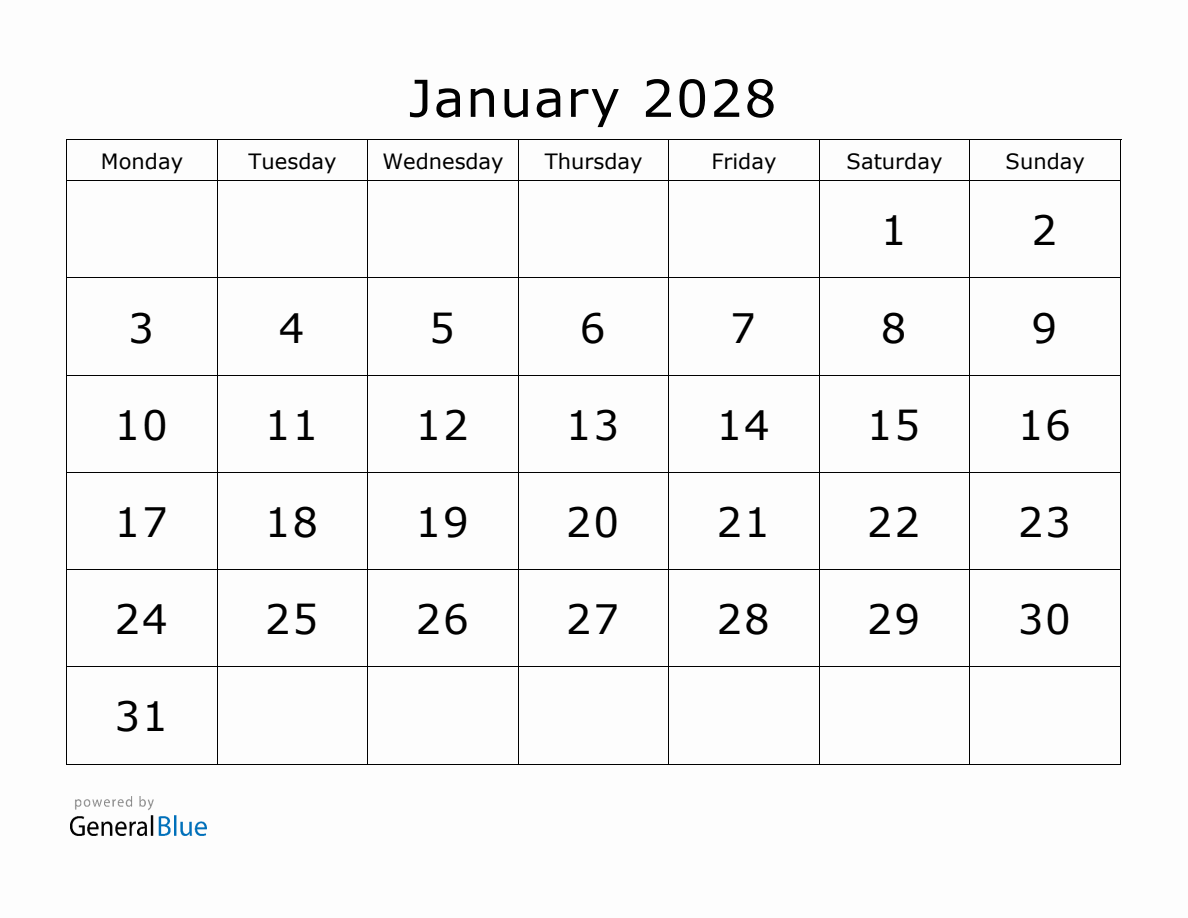 Printable January 2028 Calendar