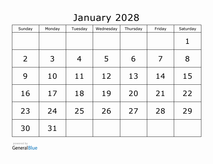Printable January 2028 Calendar - Sunday Start