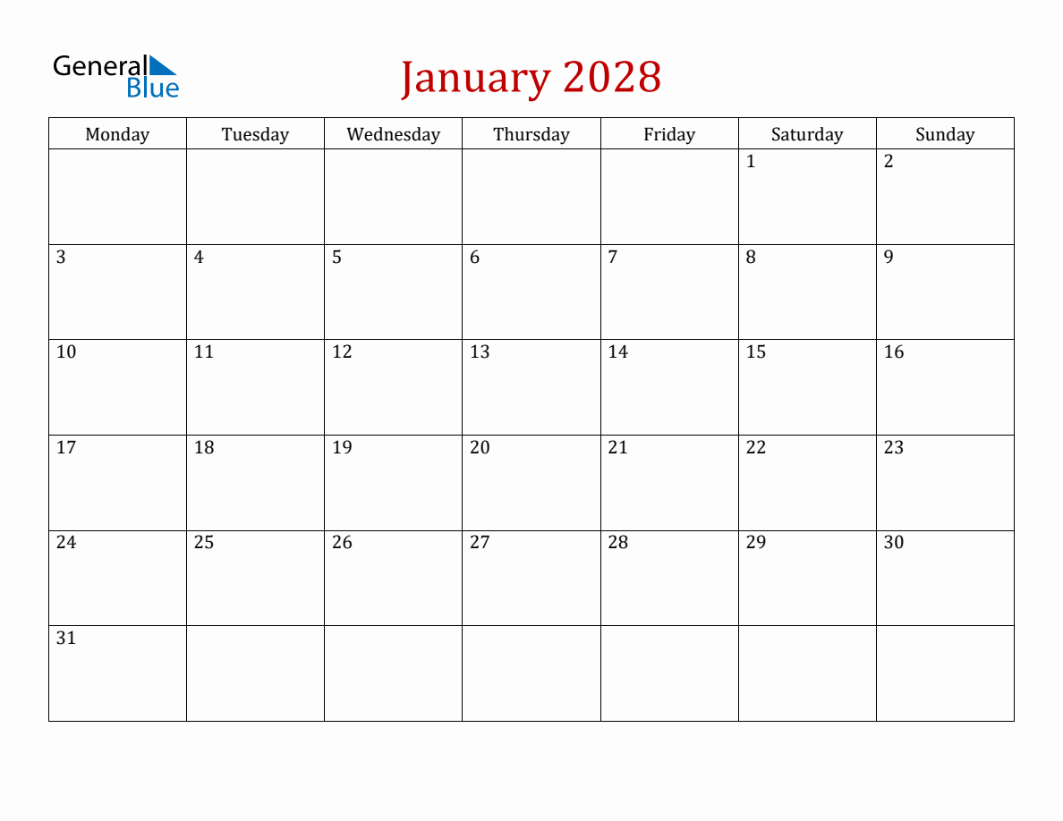 January 2028 Simple Calendar with Monday Start