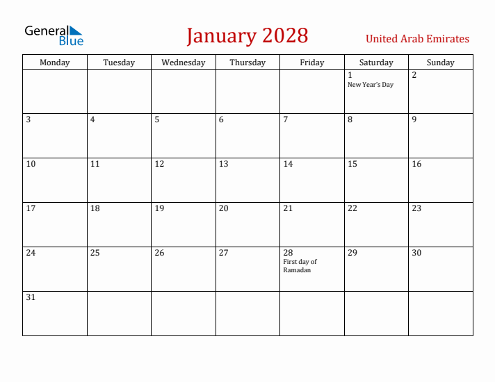 United Arab Emirates January 2028 Calendar - Monday Start
