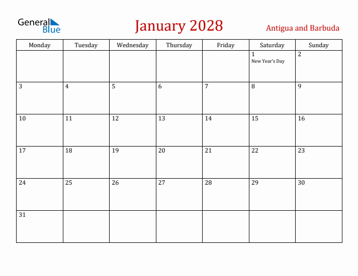 Antigua and Barbuda January 2028 Calendar - Monday Start
