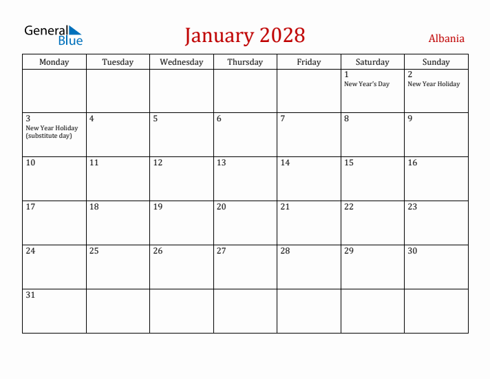 Albania January 2028 Calendar - Monday Start