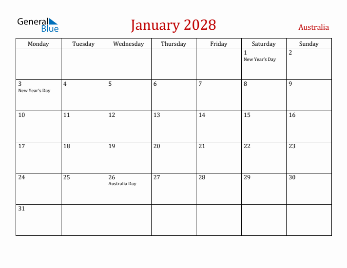 Australia January 2028 Calendar - Monday Start