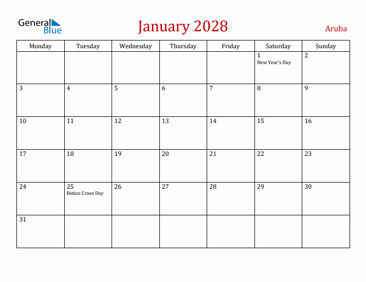 Aruba January 2028 Calendar - Monday Start