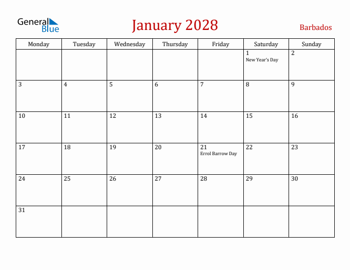 Barbados January 2028 Calendar - Monday Start