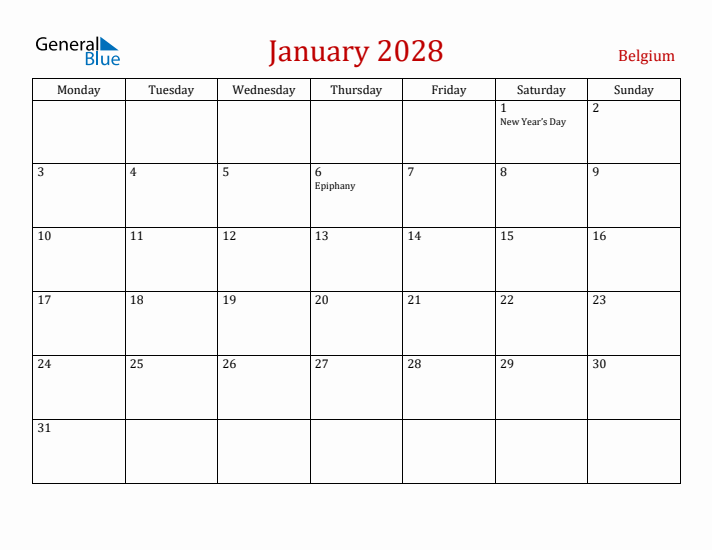 Belgium January 2028 Calendar - Monday Start