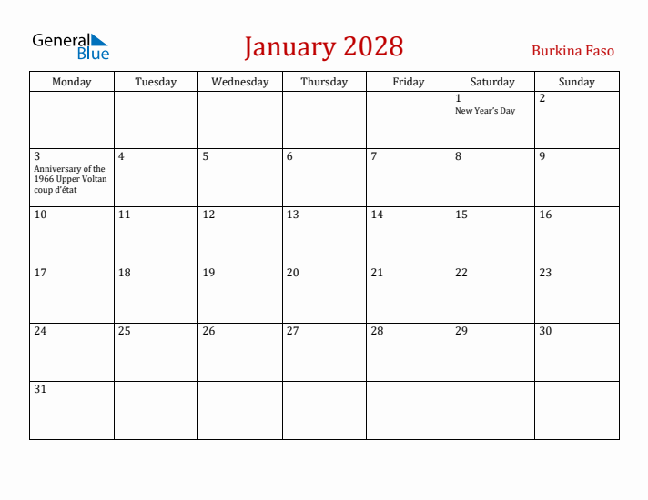 Burkina Faso January 2028 Calendar - Monday Start