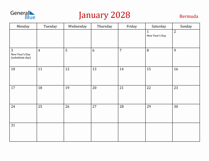 Bermuda January 2028 Calendar - Monday Start