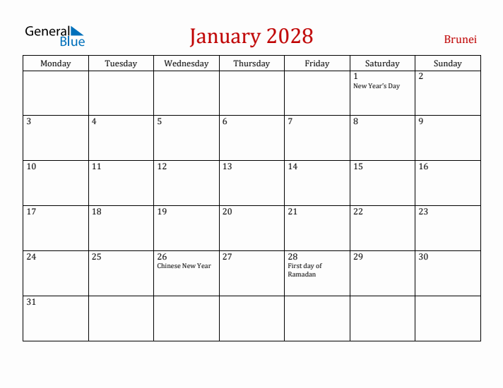 Brunei January 2028 Calendar - Monday Start