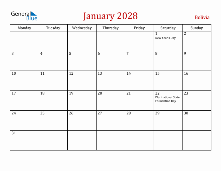 Bolivia January 2028 Calendar - Monday Start