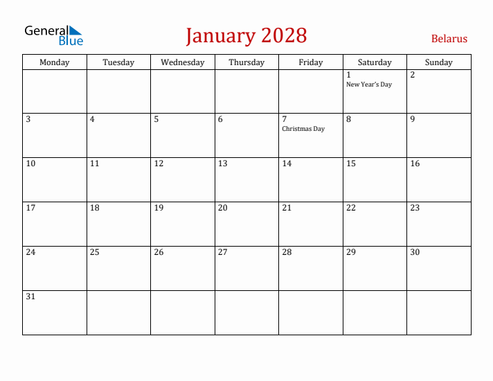Belarus January 2028 Calendar - Monday Start