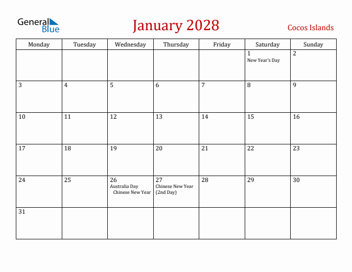Cocos Islands January 2028 Calendar - Monday Start