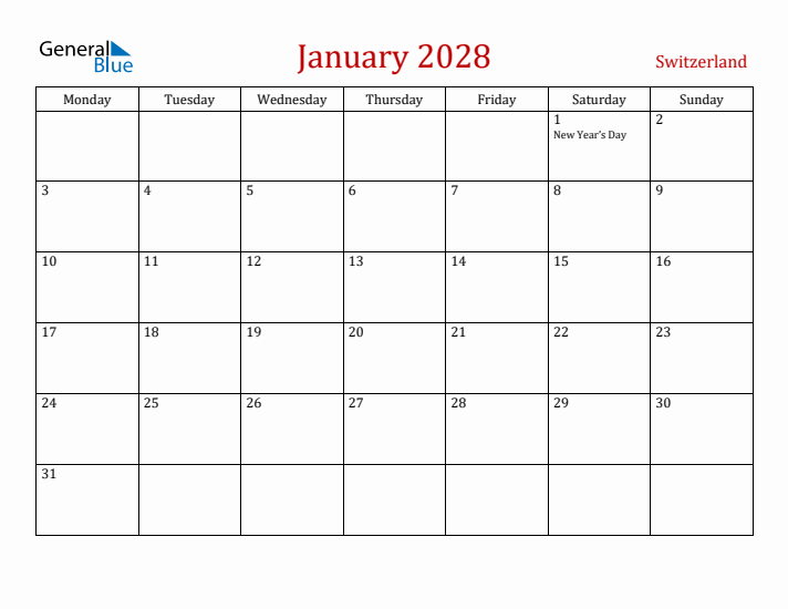 Switzerland January 2028 Calendar - Monday Start