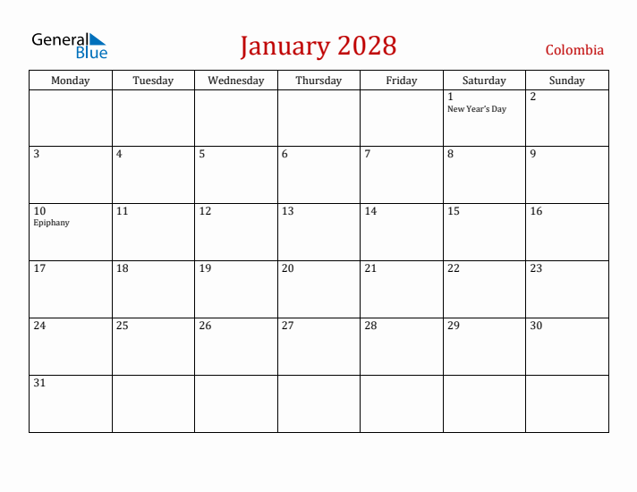 Colombia January 2028 Calendar - Monday Start
