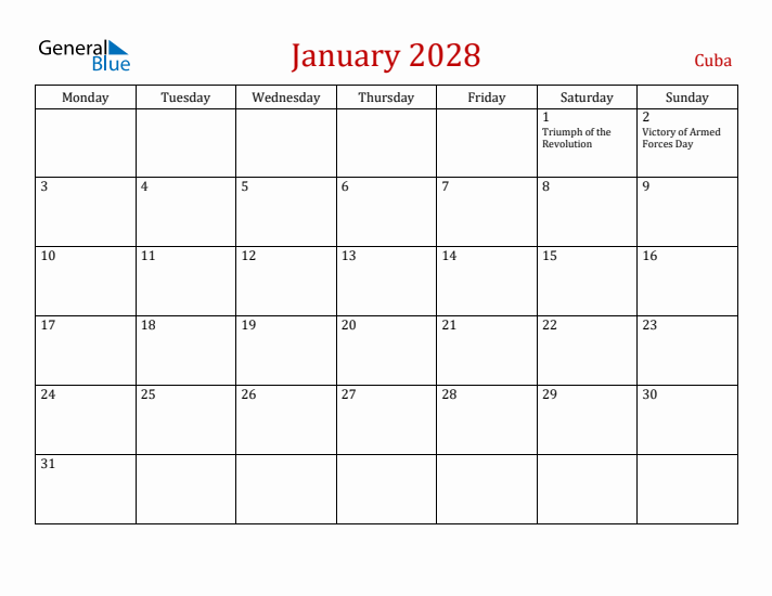 Cuba January 2028 Calendar - Monday Start