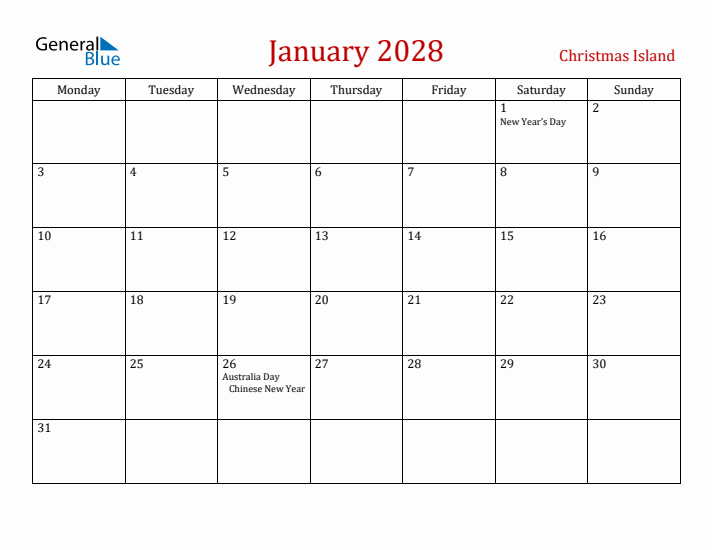 Christmas Island January 2028 Calendar - Monday Start